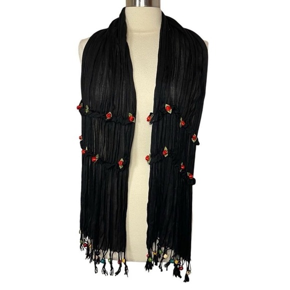 PASHMINA Black Embellished with Floral Appliqués & Beaded Fringe - Picture 3 of 7